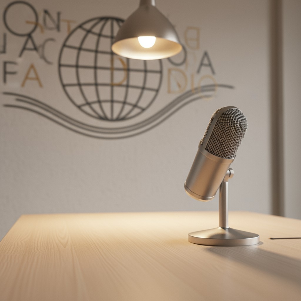A microphone on a table with a light fixture and logo in the background.